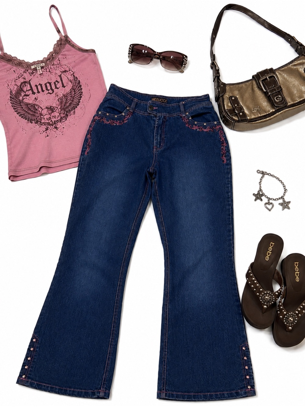 Y2K Embroidered Flare Jeans Low Rise Bootcut Dark 2000s McBling Fairy Grunge